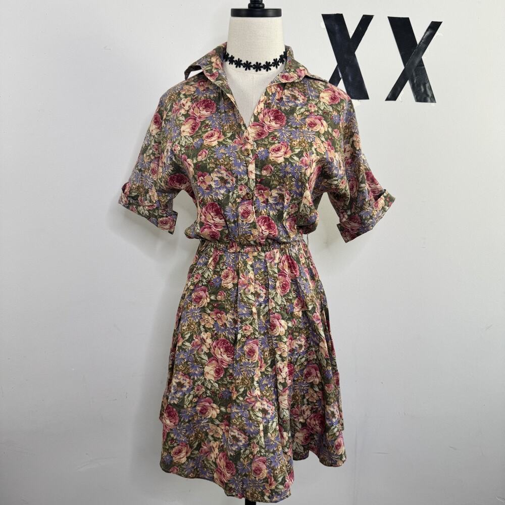 Vintage 80s Dawn Joy Floral Midi Dress Collared Cottagecore USA 7